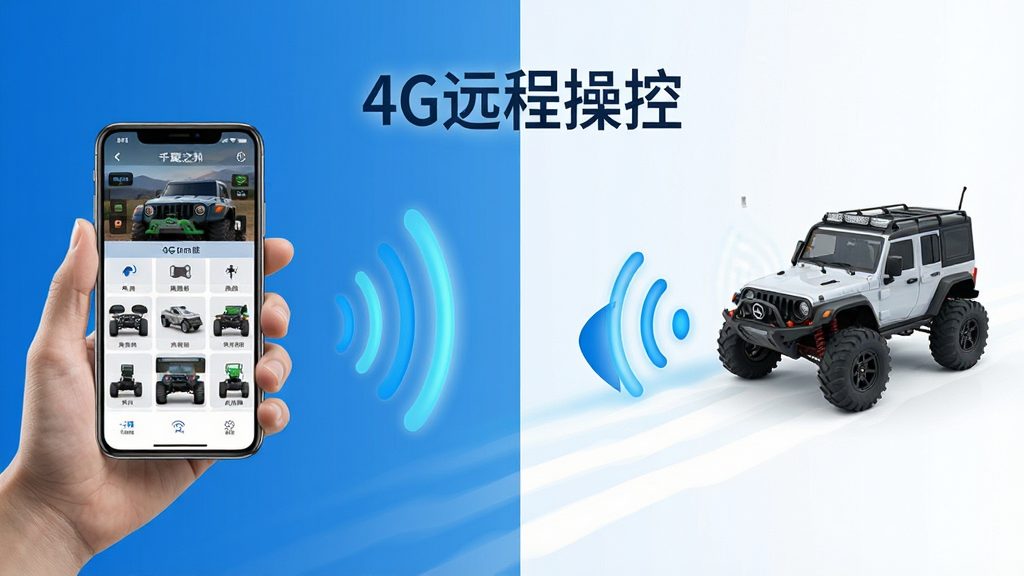 主体:一张展示千里之外远程操控的示意图,左边是手持手机的用户,右边是远处的越野车模型,中间用无线信号波纹连接。布局:左右对称构图,突出远距离感。排版:简洁明了,配以“4G远程操控”文字。风格:现代科技风,色调蓝白。细节:信号波纹动态感强,手机屏幕显示操控界面。画质:高清,干净,无多余元素。