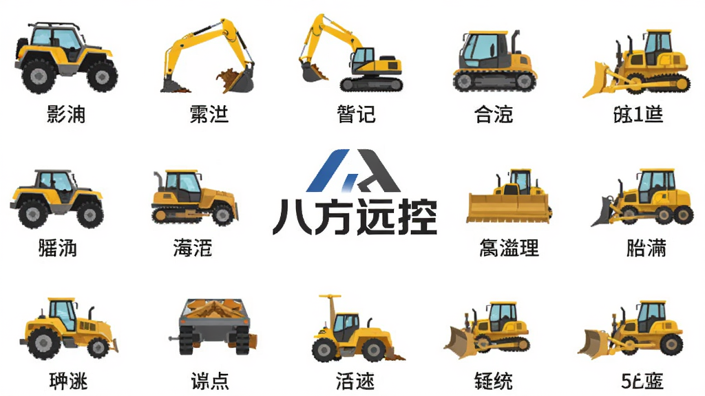 主体:多种设备图标环绕排列,包括越野车、挖掘机、推土机等,中心是“八方远控”Logo。布局:圆形环绕布局,中心突出。排版:图标简洁,下方标注设备名称。风格:扁平化设计,色彩明快。细节:每个图标细节精致,辨识度高。画质:高清,干净,无多余元素。