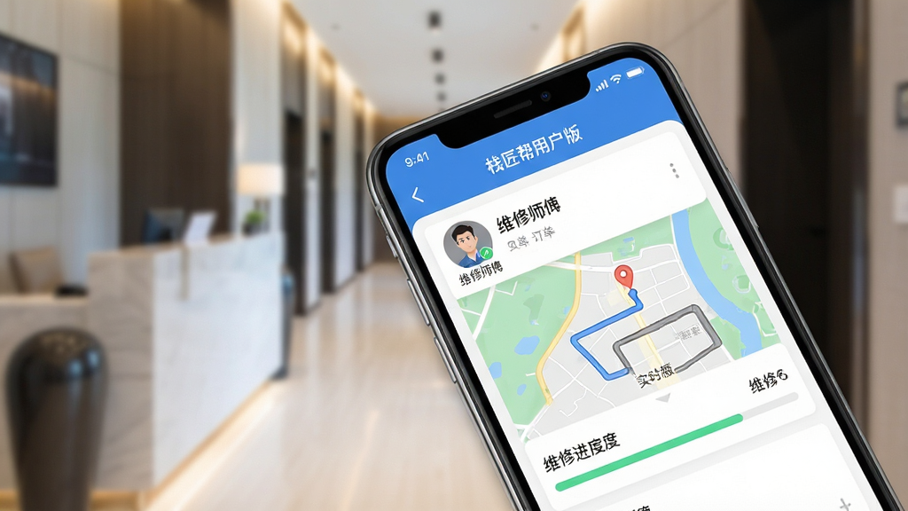 一张展示智能手机屏幕的俯视图,手机屏幕中清晰显示“栈匠帮用户版”APP的订单跟踪界面,界面包含维修师傅的头像、实时位置地图路线、维修进度条,背景是模糊的现代酒店走廊环境,画面整洁明亮,风格写实,画质高清,干净,无多余元素