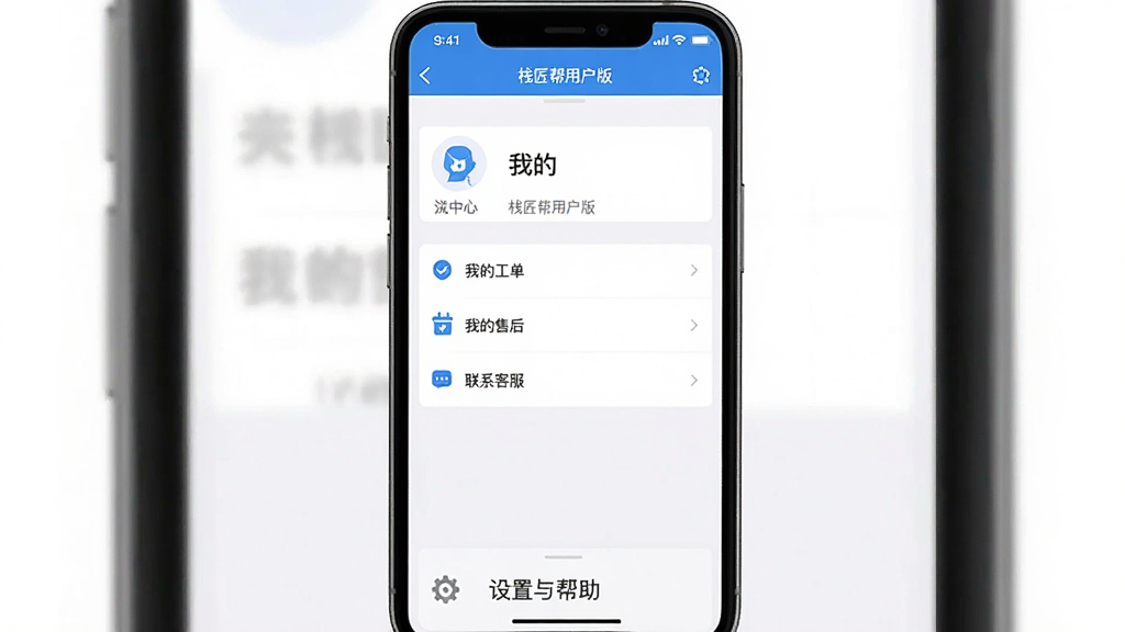 一张手机截图样式的图片,屏幕内展示“栈匠帮用户版”APP的“我的”页面,包含个人中心、我的工单、我的售后、联系客服等菜单选项,页面风格简洁,以白色和蓝色为主色调,下方配有一段文字“设置与帮助”,整体风格扁平化,画质干净,无多余元素