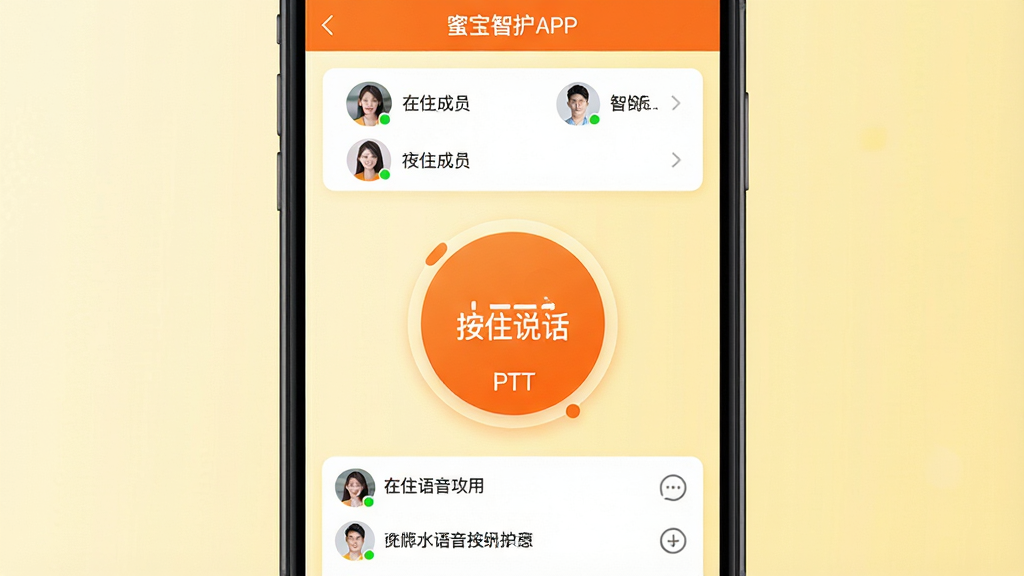 ���壺�۱��ǻ�APP�ĶԽ������ܽ��棬��ʾ�Խ���ť��Ⱥ���б������֣�����Ϊ��Բ��PTT�Խ���ť���Ϸ�ΪȺ���Ա�б����·�Ϊ������Ϣ��¼���Ű棺���ҶԳƣ���ť��Ŀ����񣺻�����ɫϵ������Ϊǳ��ɫ���䣻ϸ�ڣ���ť�ϱ��С���ס˵�������֣���Աͷ����������״̬�̵㣻���ʣ����壬�ɾ����޶���Ԫ��