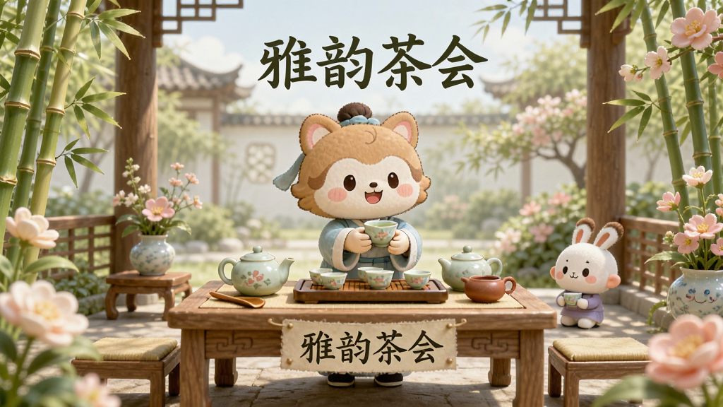 主体为《奇妙茶世界》茶会场景,古风庭院中摆放木质茶桌,茶具精致,周围有翠竹和花朵装饰,卡通角色正双手递茶,布局和谐,画风唯美清新,细节丰富,色彩淡雅,高画质,干净无多余元素,画面中“雅韵茶会”字样