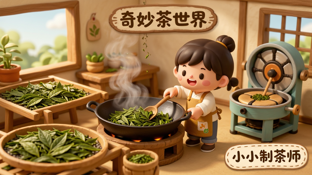 主体为《奇妙茶世界》制茶工坊场景,卡通角色正在用茶锅炒茶,旁边摆放着晾晒的茶叶和摇青机,布局清晰,画风温馨卡通,细节丰富,色彩温暖,高画质,画面干净,文字“小小制茶师”置于角落
