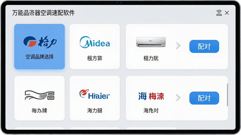 展示万能遥控器空调速配软件进行空调品牌选择的界面,屏幕上列出多个知名空调品牌Logo和名称,如格力、美的、海尔,每个品牌右侧有“配对”按钮,界面采用卡片式布局,背景为浅灰色,配以蓝色高亮选中效果,整体风格简洁商务,细节丰富,画质清晰干净,无多余元素