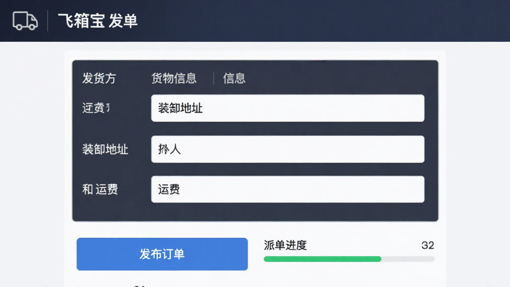 飞箱宝发单页面展示,发货方填写货物信息、装卸地址和运费,下方有“发布订单”按钮,旁边显示派单进度条,界面布局规整,商务风格,细节丰富,画质高清,干净无多余元素