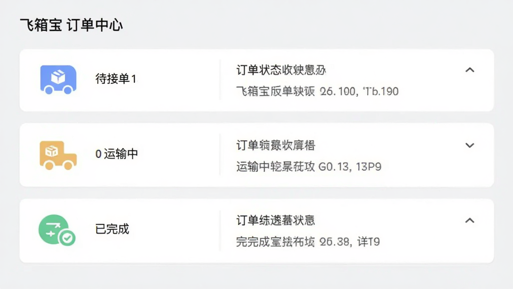 飞箱宝订单中心列表,显示多个订单状态图标(待接单、运输中、已完成),点击可展开详情,界面采用卡片式设计,信息层次分明,背景为浅灰色,画质干净,无多余元素