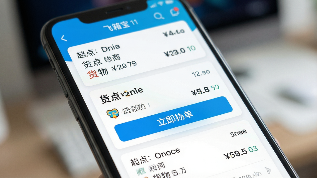飞箱宝抢单界面特写,手机屏幕上显示多个订单卡片,包含起点终点、货物信息和运费金额,高亮显示“立即抢单”按钮,背景虚化处理突出主体,界面配色清爽,画质细腻,干净无多余元素