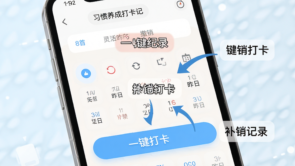 一张功能展示图,图片以习惯养成打卡记的打卡界面为背景,用箭头和文字标注“一键打卡”、“撤销记录”、“补记昨日”等核心操作按钮,图片布局清晰,风格简洁,突出灵活打卡的操作流程,整体色调明亮,画质干净,无多余元素