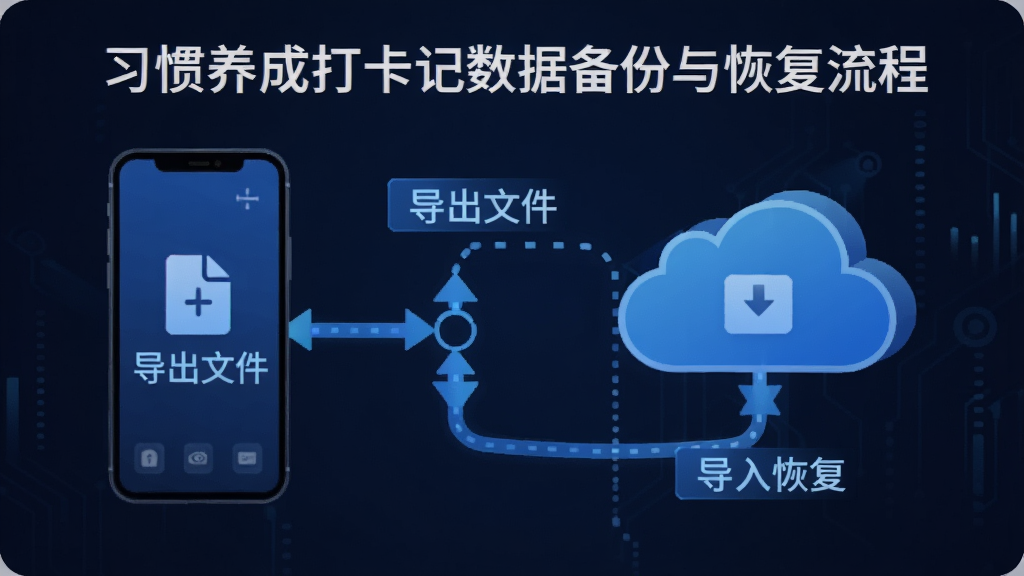 一张描绘习惯养成打卡记数据备份与恢复流程的示意图,画面中包含手机与云端的连接元素,以及“导出文件”、“导入恢复”的文字提示,构图简洁明了,风格科技感十足,色调以蓝色系为主,画质清晰,无多余元素