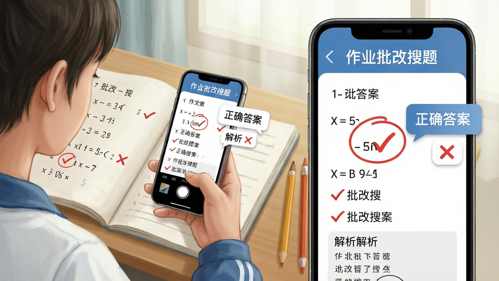 主体:学生手持手机对着作业本拍照,手机屏幕显示“作业批改搜题”正在识别题目,旁边有红勾和红叉的批改结果。布局:左侧为学生与作业本,右侧为手机屏幕放大展示批改过程。排版:手机屏幕上方显示“作业批改搜题”字样,下方列出批改结果与解析。风格:真实场景插画风,色彩自然,光线柔和。细节:作业本上有几道数学题,其中一道被红色圆圈标记,旁边弹出“正确答案”与“解析”气泡。画质:清晰细腻,干净无多余元素。