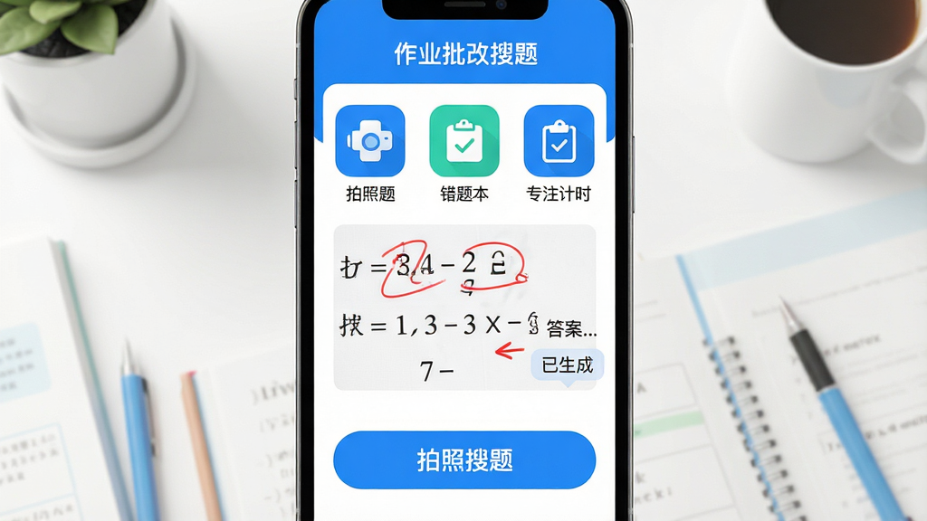 主体:手机屏幕展示“作业批改搜题”APP界面,界面中有拍照搜题、错题本、专注计时等核心功能图标,背景为整洁的书桌与学习用品。布局:手机居中,四周留白,功能图标以网格状排列在屏幕内,下方有“拍照搜题”大按钮。排版:APP界面清晰标注“作业批改搜题”名称,功能图标配有中文标签。风格:现代扁平化设计,色彩明快,以蓝色和白色为主色调。细节:屏幕中显示一道数学题被红笔批改的痕迹,旁边有“答案已生成”字样。画质:高清渲染,干净无多余元素。