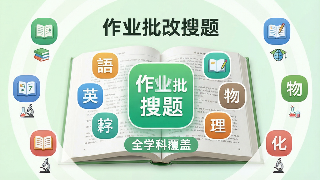 主体:一本打开的课本上覆盖着“作业批改搜题”APP的悬浮图标,图标周围环绕着语文、数学、英语、物理、化学等学科图标。布局:课本位于画面中央,学科图标呈环形排列在四周。排版:APP图标上方有“作业批改搜题”字样,下方有“全学科覆盖”标语。风格:清新教育风格,浅绿色与白色为主色调。细节:每个学科图标下都有对应的课本或实验器材小图标。画质:高分辨率,干净无多余元素。
