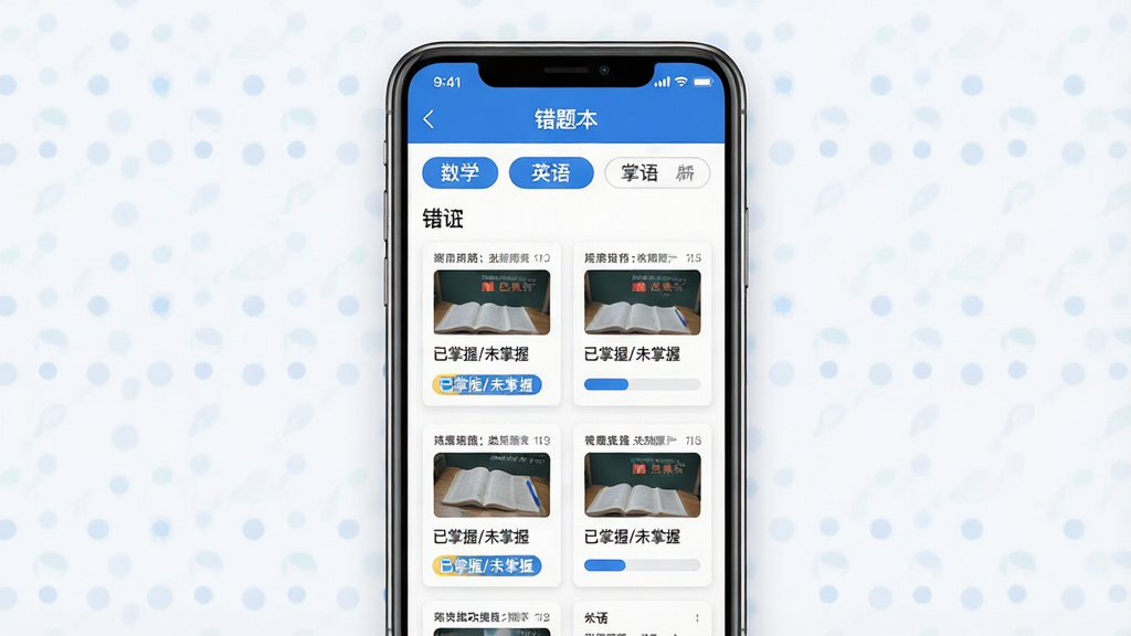 主体:手机屏幕显示“作业批改搜题”的错题本界面,按数学、语文、英语分类,每类下有错题列表与掌握程度进度条。布局:手机居中,屏幕内错题以卡片式排列。排版:顶部有“错题本”标题,下方有分类标签与题目卡片。风格:简洁商务风,蓝白配色。细节:每张卡片上显示题目缩略图与“已掌握/未掌握”标记。画质:细腻清晰,干净无多余元素。