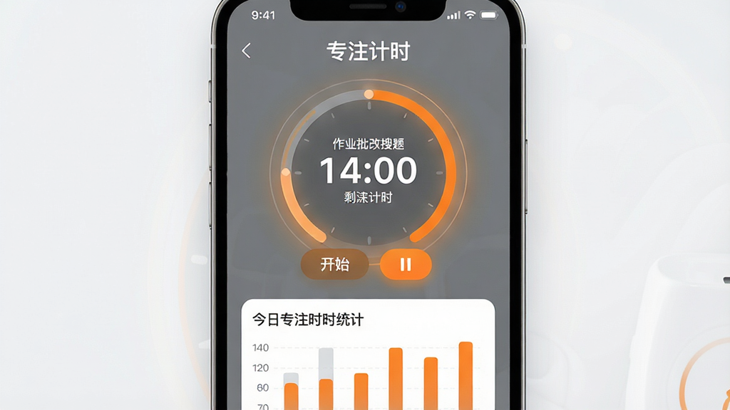 主体:手机屏幕显示“作业批改搜题”的专注计时界面,圆形计时器显示剩余时间,下方有今日专注时长统计图表。布局:计时器居中,统计图表在其下方。排版:计时器上方有“专注计时”标题,下方有开始/暂停按钮。风格:极简现代风,灰色与橙色搭配。细节:计时器周围有微光效果,统计图表以柱状图显示。画质:高清流畅,干净无多余元素。