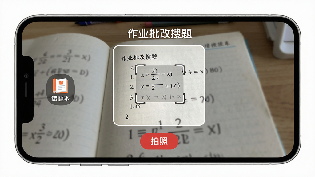 主体:手机横屏显示“作业批改搜题”的拍照界面,相机取景框对准作业本,屏幕下方有“拍照”按钮。布局:取景框居中,作业本占据画面中央,左侧有“错题本”入口图标。排版:取景框上方有“作业批改搜题”标题,下方有红色“拍照”按钮。风格:写实风格,光线明亮。细节:作业本上有一道数学题,旁边有对焦框。画质:高清细腻,干净无多余元素。