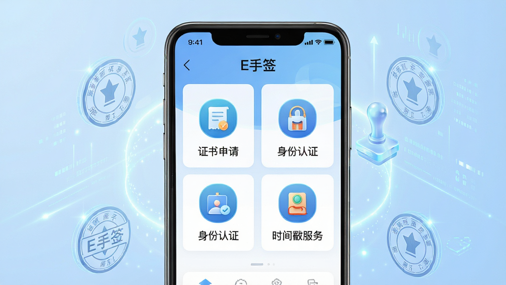 主体:一部智能手机屏幕显示“E手签”APP界面,界面中有“证书申请”、“身份认证”、“时间戳服务”等功能图标。布局:手机居中,背景为淡蓝色渐变,周围有抽象的电子印章与数据流线条。排版:APP界面清晰展示主要功能模块,图标排列整齐。风格:科技感、简洁、官方宣传风格。细节:界面文字清晰可读,图标精致,背景有轻微光效。画质:高清渲染,干净,无多余元素。