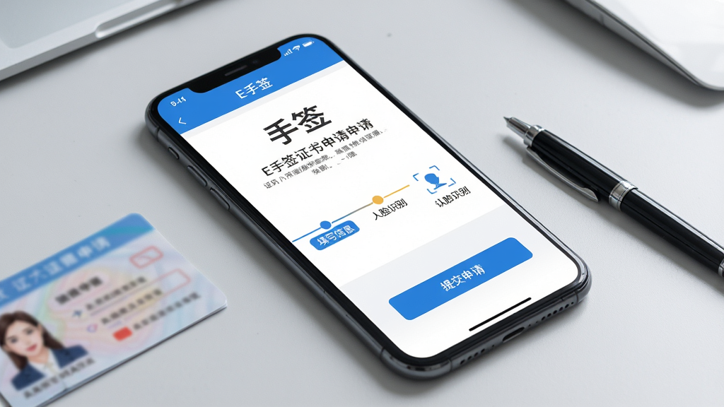 主体:一部手机屏幕显示“E手签”的证书申请页面,页面有“填写信息”、“人脸识别”、“提交申请”步骤条。布局:手机斜放,旁边有一张身份证和一支笔作为道具。排版:步骤条清晰显示三个步骤,手机屏幕内容完整可见。风格:明亮、简洁、商务风格。细节:页面文字清晰,身份证图案模糊处理,背景为浅灰色办公桌。画质:高清,干净,无多余元素。