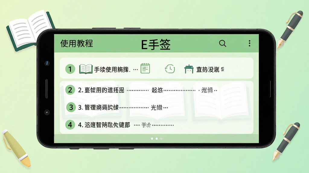 主体:一部安卓手机横屏显示“E手签”的使用教程界面,屏幕上列出操作步骤,用数字标注。布局:手机居中,背景为浅绿色渐变,有书本和笔的图标点缀。排版:步骤清晰,每步配有简单图标。风格:教育感、清晰、友好。细节:步骤文字为黑色,背景干净。画质:高清,干净,无多余元素。