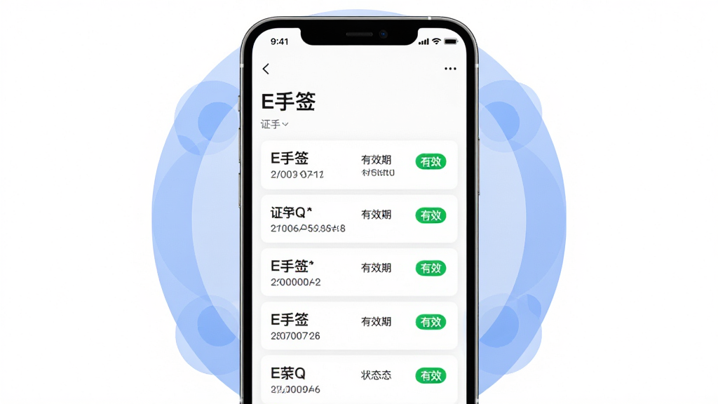 主体:手机屏幕显示“E手签”的证书管理页面,列表展示证书名称、有效期、状态等条目。布局:手机屏幕截图居中,周围有半透明的蓝色圆形装饰。排版:列表清晰,状态标签用不同颜色区分。风格:简洁、现代、数据可视化。细节:证书名称突出显示,状态标签如“有效”为绿色。画质:高清,干净,无多余元素。