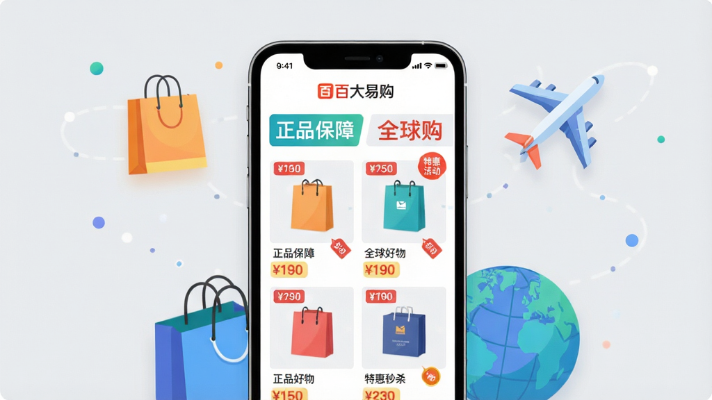 主体:百大易购APP界面展示,手机屏幕内显示全球好物精选页面,包含“正品保障”、“全球购”等字样。布局:手机居中,屏幕内容清晰,周围有简约的购物元素如购物袋、飞机、地球等。排版:界面简洁,商品图片排列整齐,价格标签醒目。风格:现代扁平化,色彩明亮,背景浅灰。细节:手机屏幕高亮,展示品牌LOGO“百大易购”和特惠秒杀活动。画质:高清,干净,无多余元素。