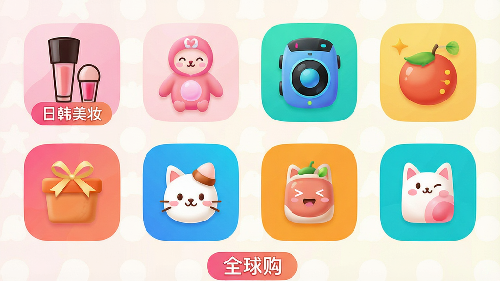 主体:百大易购APP商品分类展示,涵盖美妆、母婴、数码、美食等图标。布局:八宫格图标布局,每个图标对应一个品类。排版:图标圆润,色彩鲜明,底部有“全球购”字样。风格:清新活泼,背景淡色。细节:每个图标带小标签如“日韩美妆”、“欧美大牌”。画质:高清,干净,无多余元素。