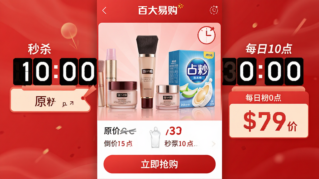 主体:百大易购APP秒杀活动页面,显示倒计时、原价与秒杀价对比。布局:商品大图居中,价格标签醒目,底部为“立即抢购”按钮。排版:倒计时数字突出,价格用红色字体,原价划掉。风格:促销风格,背景为渐变红色。细节:商品为美妆或奶粉,页面有“每日10点”字样。画质:高清,干净,无多余元素。