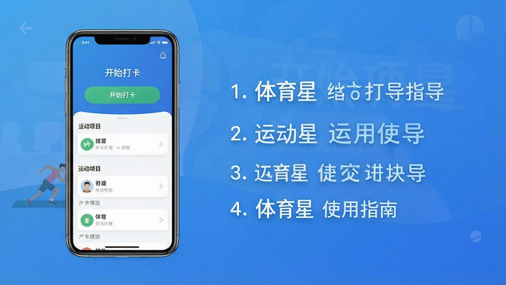 一张体育星APP使用教程图,主体为手机屏幕显示打卡引导界面,界面中有“开始打卡”按钮和运动项目选择列表,旁边配有文字步骤说明,背景为简洁的渐变蓝色,布局清晰,风格扁平化,画质干净,无多余元素,文字标注“体育星 使用指南”。