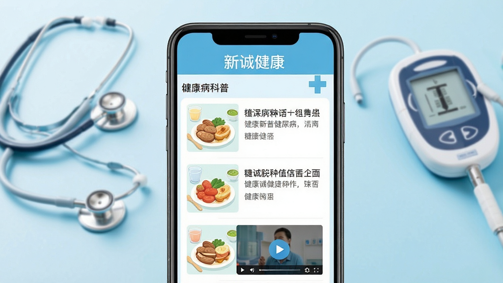 新诚健康APP健康科普功能预览图,手机屏幕展示糖尿病科普文章列表,配有饮食插图与视频缩略图,界面顶部显示“新诚健康”字样,背景为浅蓝色医疗风格,有听诊器、血糖仪等元素,排版整洁清晰,画质干净明亮