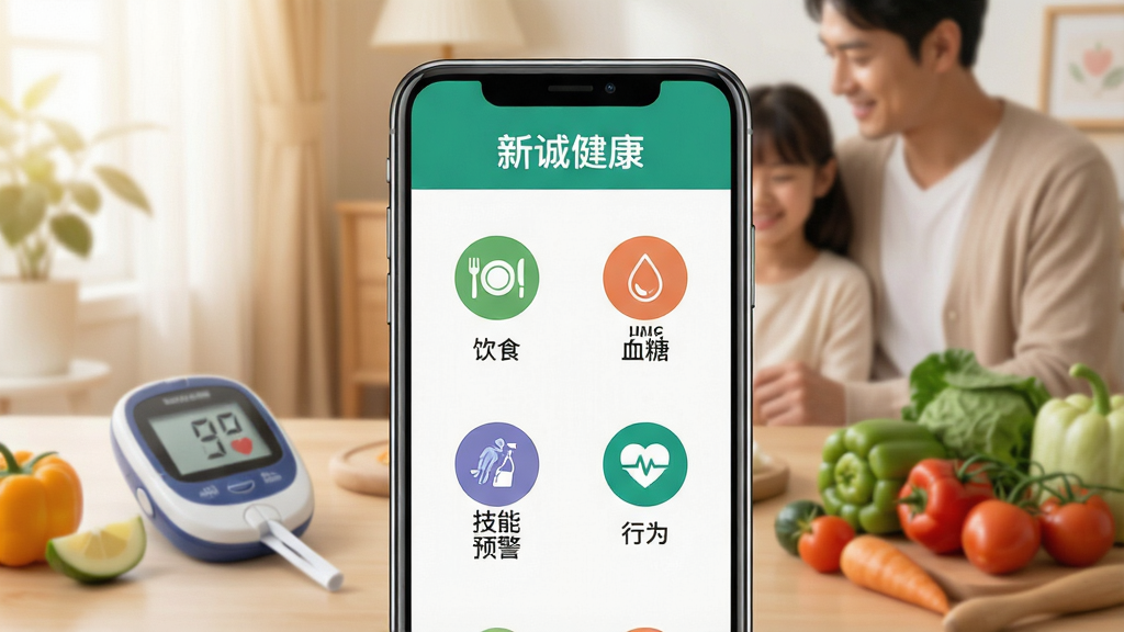 一张展示新诚健康APP核心功能的预览图,画面中央是手机界面,界面显示“新诚健康”字样,以及六大维度管理图标(饮食、血糖、用药、技能、预警、行为),背景为温馨的家庭场景,有血糖仪、健康食材,整体风格清新专业,突出智能医疗与便捷服务,画质清晰干净无多余元素
