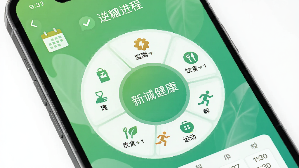 新诚健康APP逆糖进程功能界面图,手机屏幕显示个性化六维计划进度环,包含监测、饮食、运动等图标,中间有“新诚健康”字样,背景为绿色健康风格,有日历打卡元素,界面简洁直观,画质清晰干净