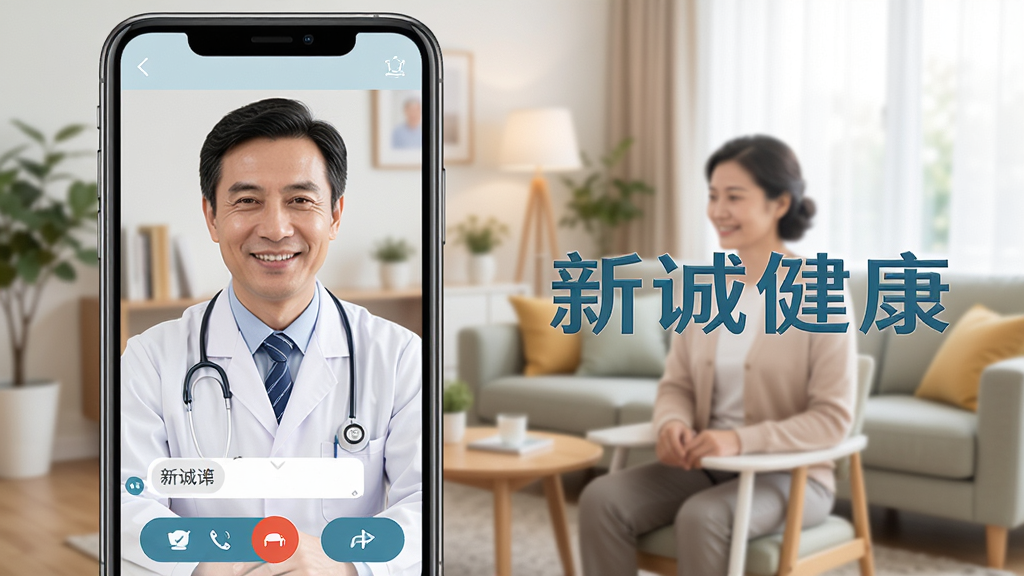 新诚健康APP在线沟通功能展示图,画面中手机屏幕显示医生与患者视频通话界面,医生穿着白大褂,面带微笑,旁边有“新诚健康”字样,患者在家中的客厅里,背景清晰,界面有聊天框和功能按钮,整体风格温馨明亮,画质清晰干净