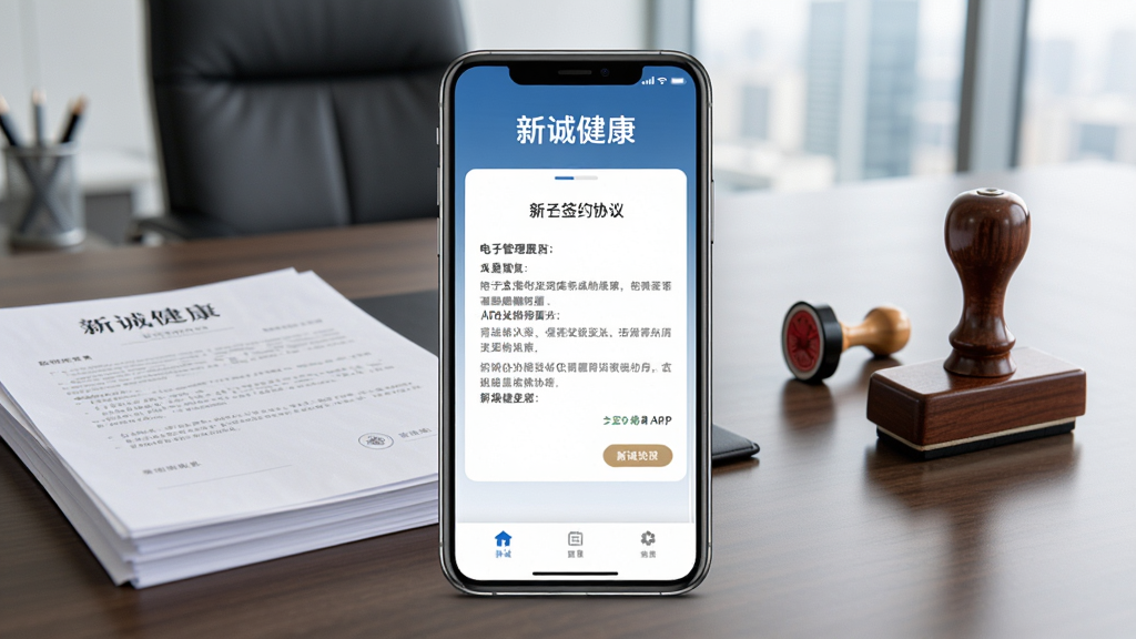 新诚健康APP签约管理功能展示图,画面中手机屏幕显示电子签约协议界面,有“新诚健康”字样,背景为办公室场景,有合同、印章等元素,整体风格正式专业,画质清晰干净