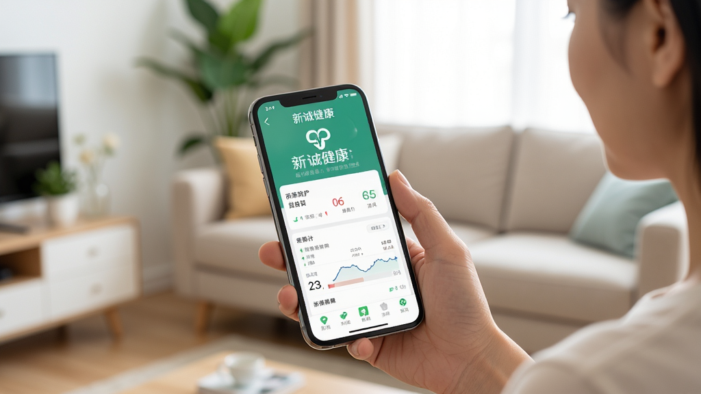 新诚健康APP使用场景图,一部手机握在用户手中,屏幕显示“新诚健康”APP主界面,背景为明亮的客厅,有沙发和绿植,用户正在查看血糖数据,整体风格生活化,画质清晰干净
