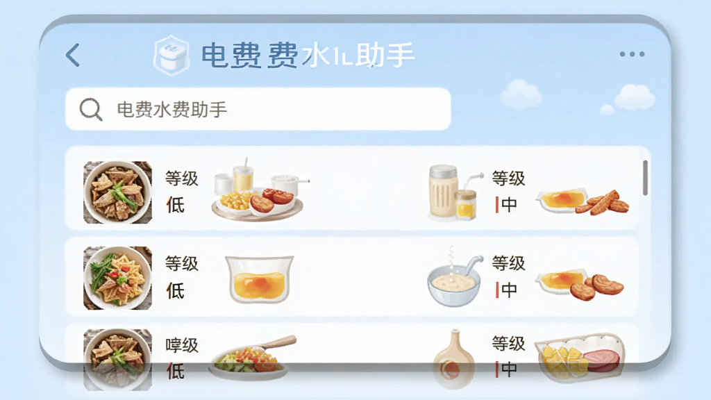 ���ˮ����������ʳ�����ʲ�ѯ���棬����չʾһ���������ʳ���б���ÿ��ʳ������ע���ʺ����ȼ�����/��/�ߣ�������Ϊǳ��ɫ����������£�����������ʾ�����ˮ�����֡������ʸɾ����޶���Ԫ�ء�