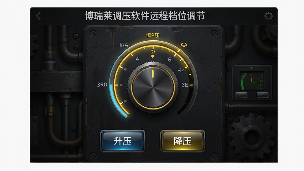一张展示博瑞莱调压软件远程档位调节功能的界面预览图,界面中央显示五档旋钮,当前档位高亮,下方有升压和降压按钮,背景为深色工业风格,按钮带有光泽质感,整体视觉效果直观且富有科技感,画质干净,无多余元素