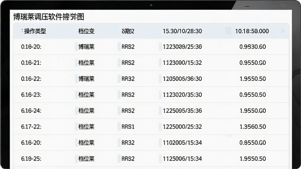 一张展示博瑞莱调压软件操作日志列表的界面截图,列表按时间排列,包含操作类型、档位变化、时间戳等信息,界面为浅色简约风格,文字清晰,行间距适中,背景干净,整体风格专业易读,画质高清,无多余元素