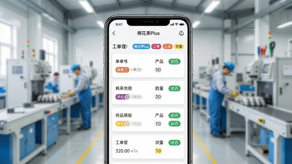 主体:手机屏幕显示棉花果Plus的工单管理界面,背景为车间现场。布局:手机位于画面中央,界面显示工单列表和状态标签。排版:列表清晰,状态用彩色标签显示。风格:现代、简洁、明亮。细节:屏幕上有“棉花果Plus”字样,每个工单卡片显示单号、产品、数量、状态。画质:高清、干净、无多余元素