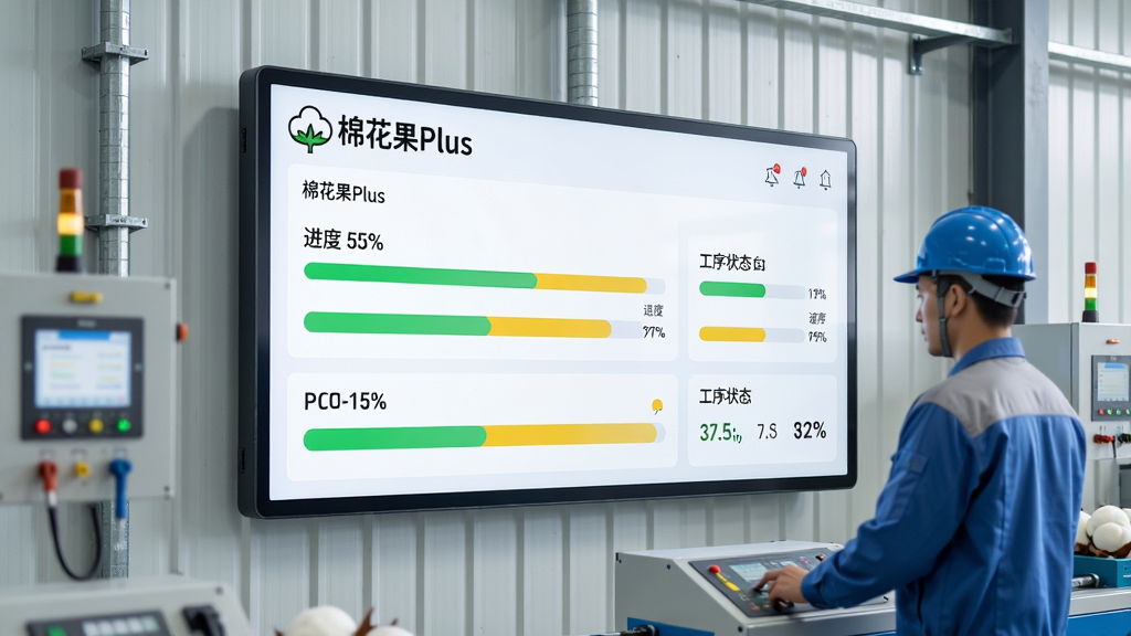 主体:车间墙壁上的电子看板显示棉花果Plus的进度跟踪界面,旁边有工人操作。布局:看板在画面中央,显示进度百分比和工序状态,工人侧身在看板前。排版:看板数据用进度条和数字展示。风格:工业风、真实、明亮。细节:看板左上角有“棉花果Plus”Logo,进度条用绿色和黄色。画质:高清、干净、无多余元素