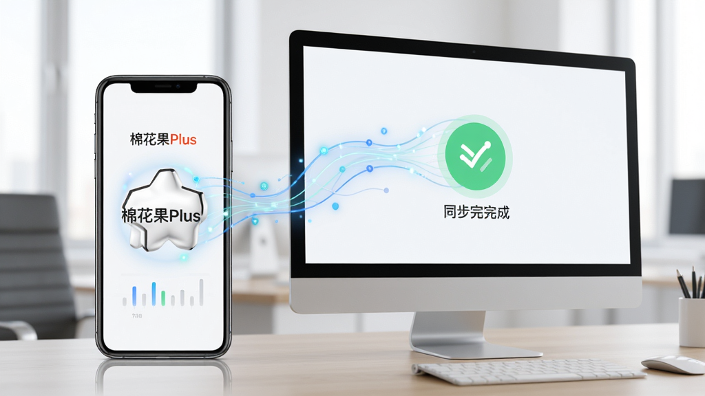 主体:手机和电脑并排显示棉花果Plus的同步界面,背景为办公桌。布局:手机在左,电脑在右,屏幕上有数据同步动画。排版:画面整洁,数据流动线条清晰。风格:商务、科技、明亮。细节:手机屏幕上有“棉花果Plus”字样,电脑屏幕显示同步完成图标。画质:高清、干净、无多余元素