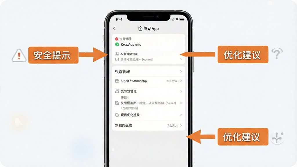 一张展示缘话App使用教程的配图,主体为手机屏幕上的设置页面,包含权限管理选项。布局为界面截图居中,搭配步骤说明箭头,风格简洁明了,细节标注“安全提示”和“优化建议”,画质清晰干净。