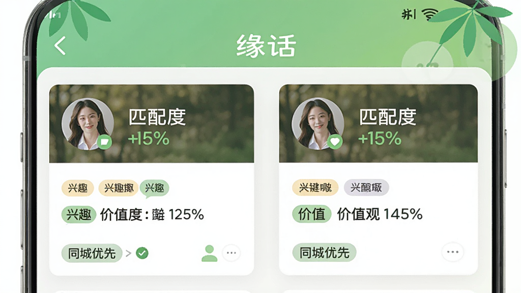 展示缘话App匹配功能的截图,主体为手机上的匹配结果页面,显示两位用户的资料卡片并标示匹配度百分比。布局为双列卡片并排,风格清新自然,细节包含兴趣标签、价值观关键词和“同城优先”标识,画质清晰干净,突出“缘话”品牌名。