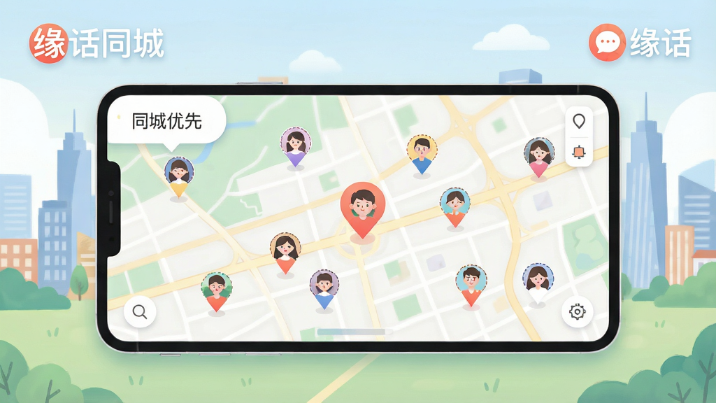 一张展示缘话同城功能的图片,主体为地图界面,上面分布着用户头像位置标记,背景为城市风景。布局为地图全屏展示,风格为简洁的插画风,细节标注“同城优先”字样和“缘话”Logo,画质柔和干净。