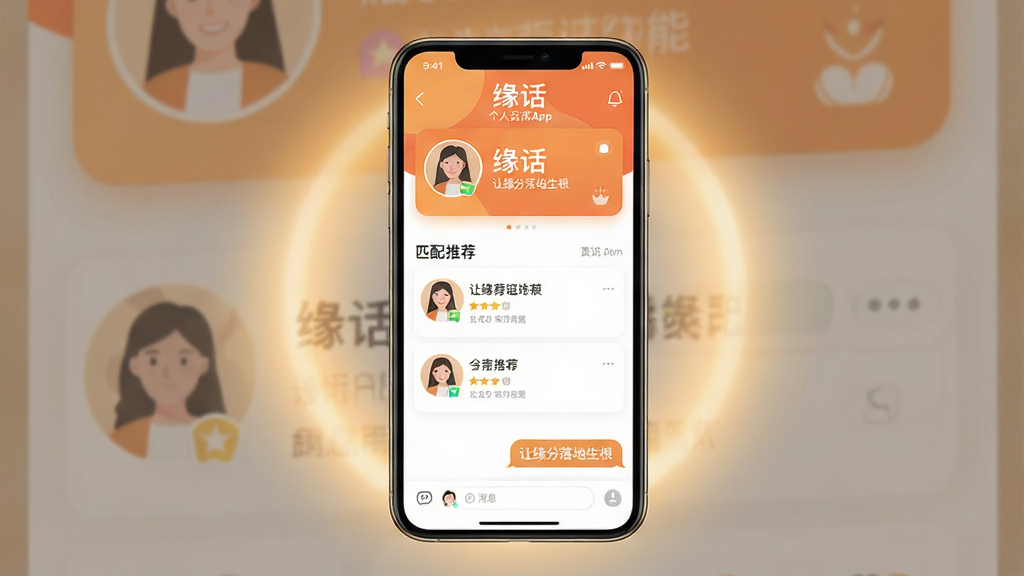 一张展示缘话App界面的高清图片,主体为手机屏幕上的缘话主界面,采用暖色调背景,界面布局简洁清晰,包含个人资料卡片、匹配推荐列表和消息对话气泡。排版以手机居中为主体,周围环绕柔光,风格为现代扁平化设计,细节处突出“缘话”Logo和“让缘分落地生根”的标语,画质细腻干净,无多余元素。
