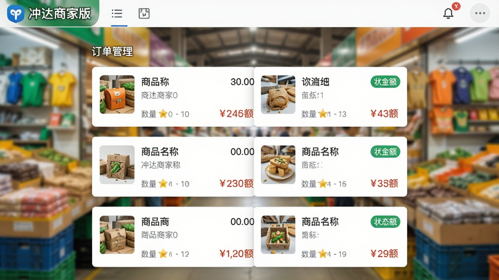 一张“冲达商家版”订单管理界面截图,界面展示多张订单卡片,包含商品名称、数量、金额和状态标签,背景为模糊的批发市场摊位,色调明亮,布局规整,风格扁平化,细节丰富,画质清晰,干净无多余元素
