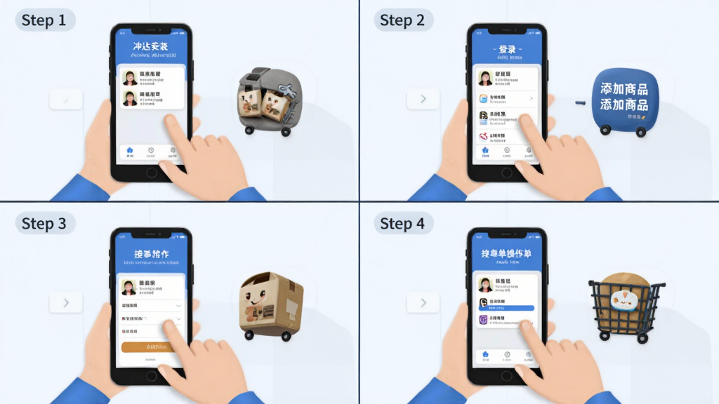 一张“冲达商家版”使用教程示意图,画面分为四格,分别展示安装、登录、添加商品、接单操作的步骤,人物手指点击屏幕,背景简洁,风格插画,布局清晰,细节丰富,画质干净