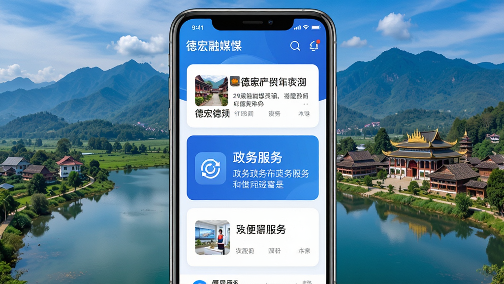 德宏融媒app主界面预览图,展示新闻资讯、政务服务和便民服务三大核心板块,界面简洁现代,色彩以蓝色和白色为主,手机屏幕居中,背景为德宏当地风景,整体风格大气、清晰,画质高清,干净无多余元素