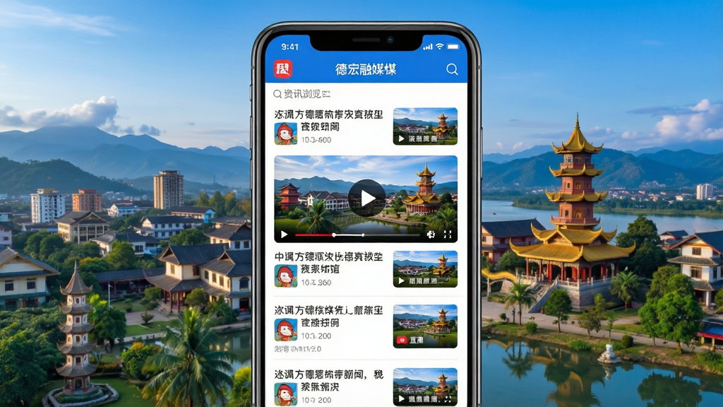 德宏融媒app资讯浏览页面,展示新闻列表、视频播放窗口和直播入口,界面布局清晰,图文并茂,色彩鲜艳,手机屏幕居中,背景为德宏州城市风光,整体风格专业、现代,画质高清,干净无多余元素