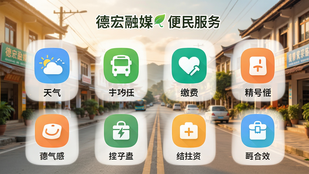 德宏融媒app便民服务页面,展示天气、公交、缴费、挂号等图标,界面清新自然,排列整齐,背景为德宏州街道景色,整体风格温馨、实用,画质高清,干净无多余元素