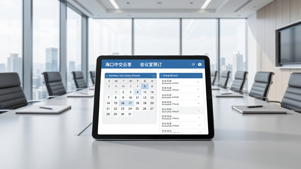 商务会议室内部场景,长条会议桌上摆放着平板电脑,屏幕显示“海口中交云享”会议室预订界面,界面中有日历和会议室列表,背景为落地窗和城市景观。构图以平板为中心,周围座椅整齐,风格简约商务,光线明亮柔和,画质清晰,干净无多余元素。