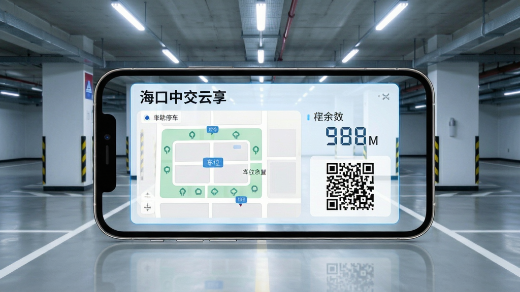 手机APP界面设计图,主屏幕中央显示“海口中交云享”智慧停车功能模块,界面包含停车场地图、车位余量数字、缴费二维码,背景为现代化地下车库,灯光明亮,车位线清晰。构图采用平视角度,界面元素排列整齐,风格简约科技感,画质高清,干净无多余元素。
